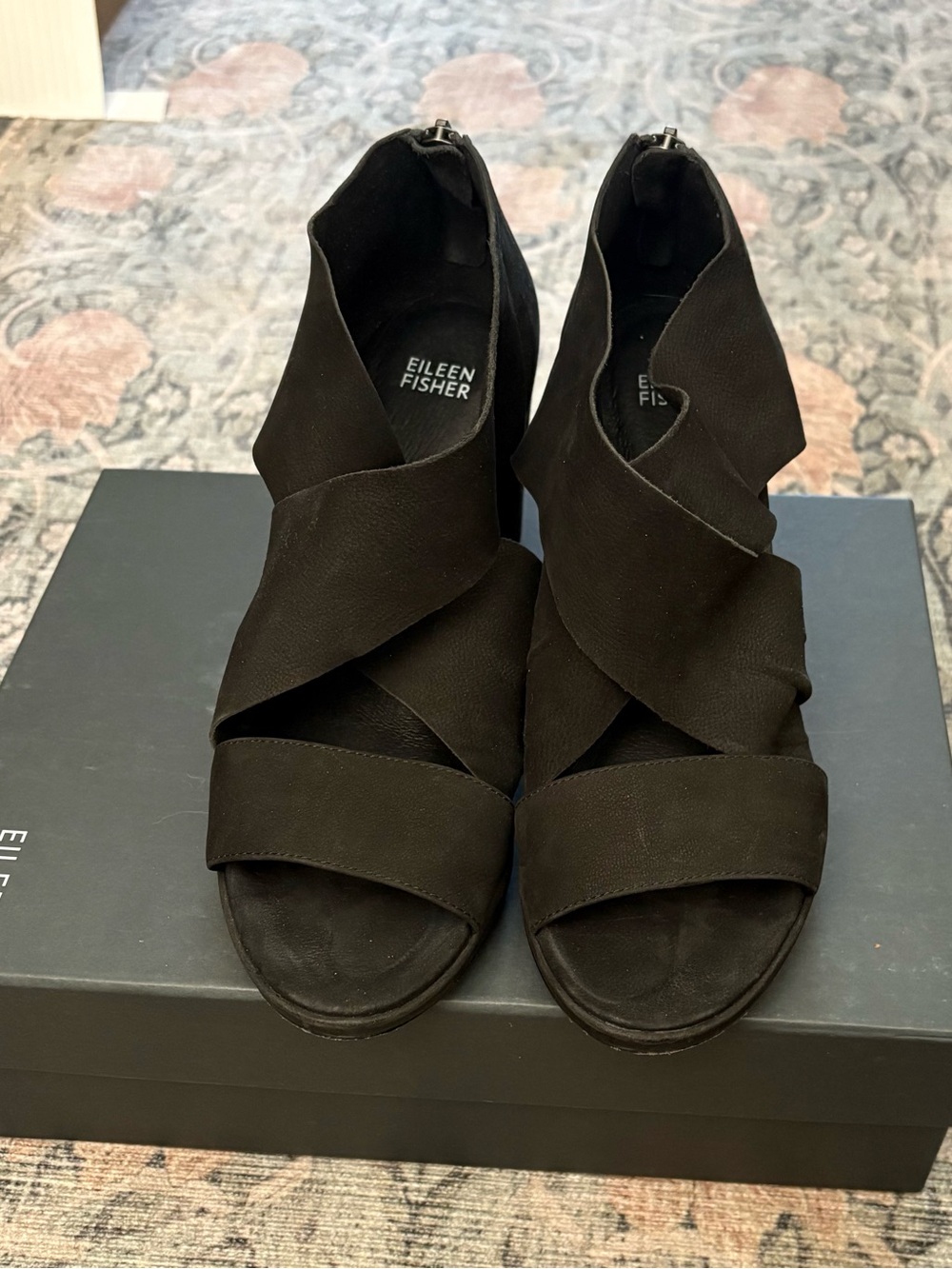 Eileen Fisher Black Crisscross Open-Toe Heeled Sandals